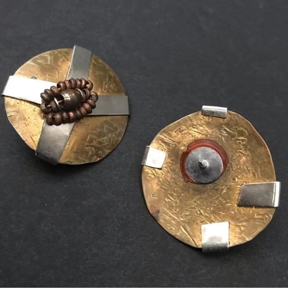 Circular Mixed Metal Earrings in Tones of Brass, Silver & Copper, Pierced Backs - Picture 4 of 5